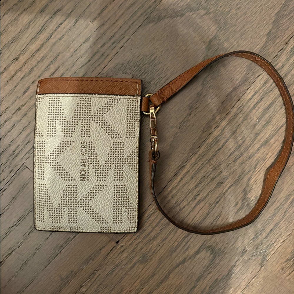 Michael Kors Beige and Brown Signature Cardholder Wrist Strap